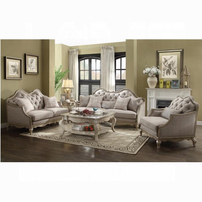 Chelmsford Beige Fabric & Antique Taupe Sofa w/5 Pillows